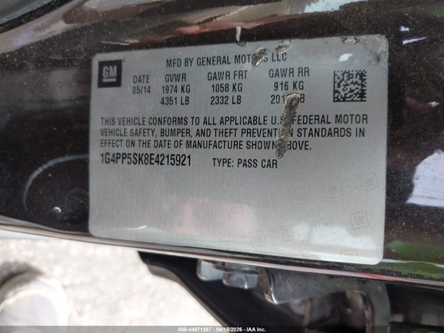 44871387 :رقم المزاد ، 1G4PP5SK8E4215921 vin ، 2014 Buick Verano مزاد بيع