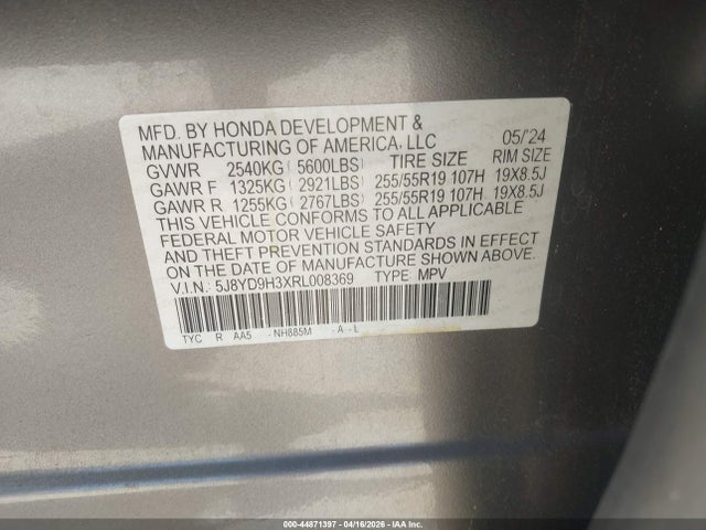 2024 Acura Mdx Standard მანქანა იყიდება აუქციონზე, vin: 5J8YD9H3XRL008369, აუქციონის ნომერი: 44871397