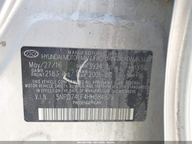 44871398 :رقم المزاد ، 5NPD74LF4HH084875 vin ، 2017 Hyundai Elantra Se مزاد بيع