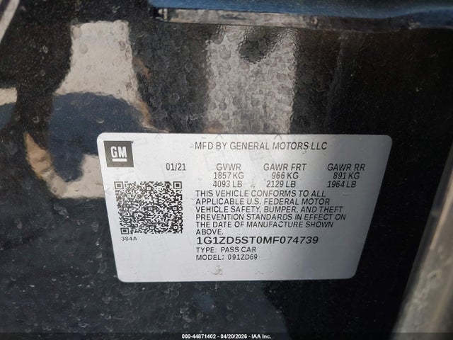 1G1ZD5ST0MF074739 Chevrolet Malibu Fwd Lt