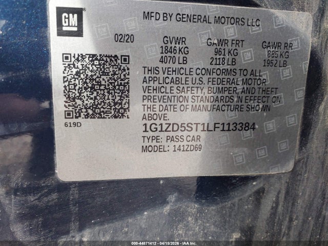 Aukcja sprzedaży 2020 Chevrolet Malibu Fwd Lt, vin: 1G1ZD5ST1LF113384, numer aukcji: 44871412