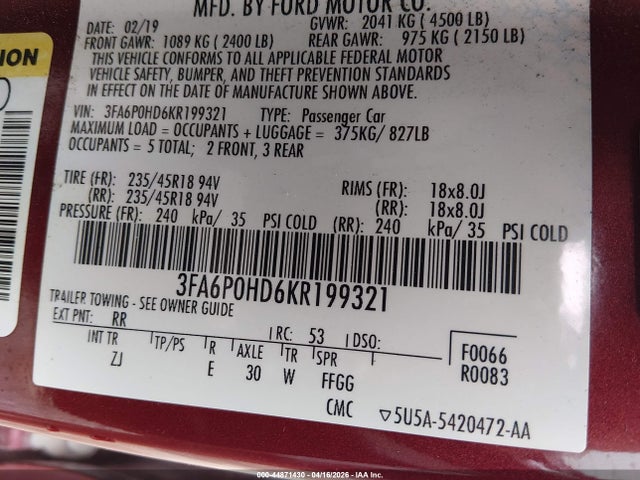 Ford FUSION SE 2019 3FA6P0HD6KR199321 Image 9