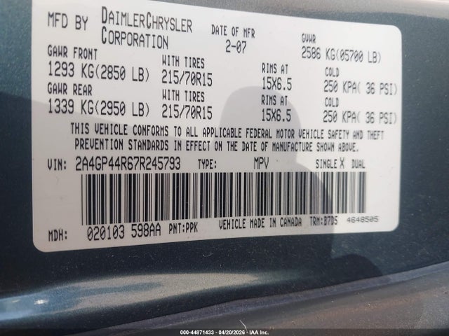 Продаж на аукціоні авто 2007 Chrysler Town & Country Lx, vin: 2A4GP44R67R245793, номер лоту: 44871433