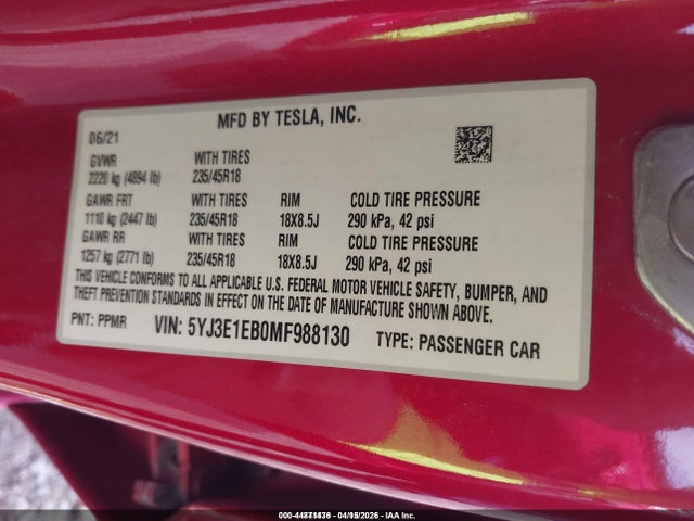 Aukcja sprzedaży 2021 Tesla Model 3 Long Range Dual Motor All-wheel Drive, vin: 5YJ3E1EB0MF988130, numer aukcji: 44871436