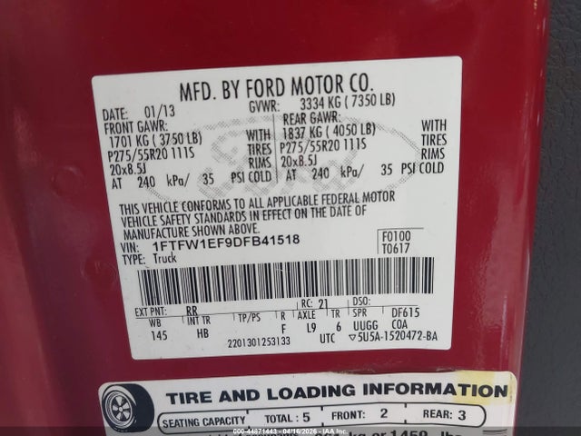 Продаж на аукціоні авто 2013 Ford F-150 Lariat, vin: 1FTFW1EF9DFB41518, номер лоту: 44871443