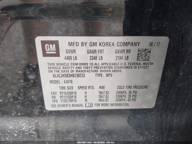 Продажа на аукционе авто 2017 Buick Encore Premium, vin: KL4CJHSB3HB238233, номер лота: 44871444
