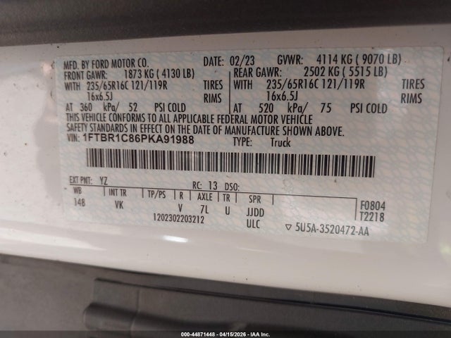 Aukcja sprzedaży 2023 Ford Transit-250, vin: 1FTBR1C86PKA91988, numer aukcji: 44871448