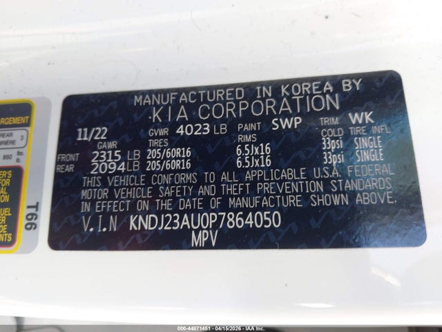 Продажа на аукционе авто 2023 Kia Soul Lx, vin: KNDJ23AU0P7864050, номер лота: 44871451