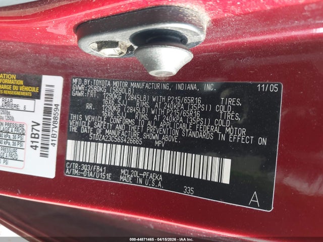Продажа на аукционе авто 2006 Toyota Sienna Ce, vin: 5TDZA23C56S426665, номер лота: 44871465