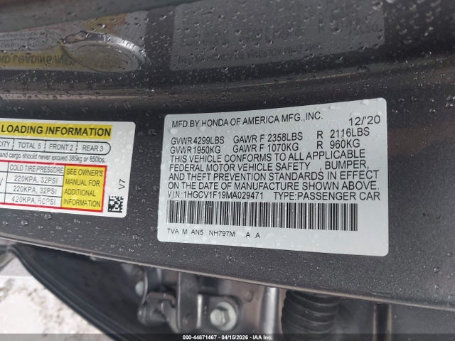 Aukcja sprzedaży 2021 Honda Accord Lx, vin: 1HGCV1F19MA029471, numer aukcji: 44871467