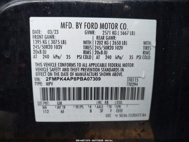 44871475 :رقم المزاد ، 2FMPK4AP8PBA07309 vin ، 2023 Ford Edge St مزاد بيع