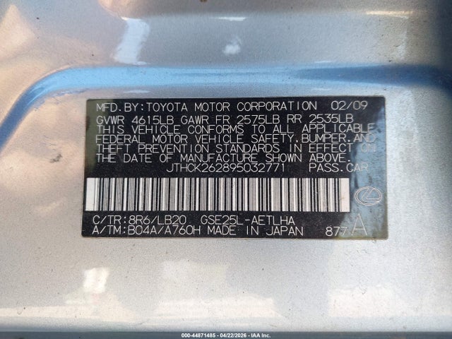 Aukcja sprzedaży 2009 Lexus Is 250, vin: JTHCK262895032771, numer aukcji: 44871485