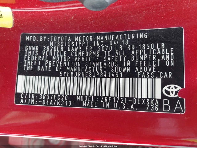 Toyota COROLLA SE 2018 5YFBURHE8JP841461 Image 9