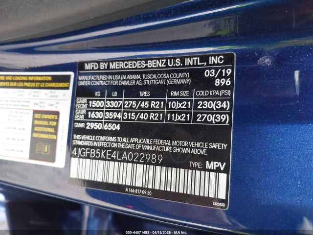 44871493 :رقم المزاد ، 4JGFB5KE4LA022989 vin ، 2020 Mercedes-benz Gle 450 4matic مزاد بيع
