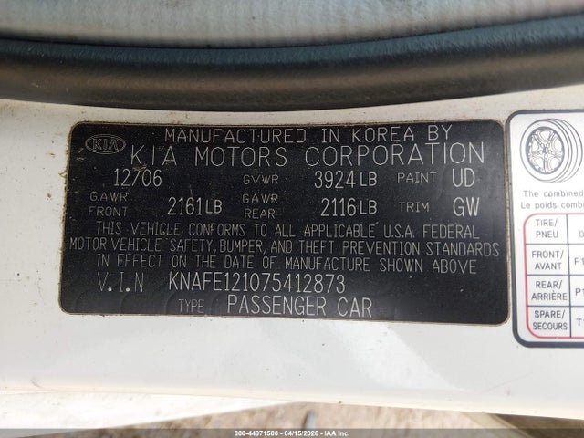 Aukcja sprzedaży 2007 Kia Spectra Ex, vin: KNAFE121075412873, numer aukcji: 44871500