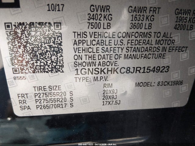 Продаж на аукціоні авто 2018 Chevrolet Suburban Lt, vin: 1GNSKHKC8JR154923, номер лоту: 44871523