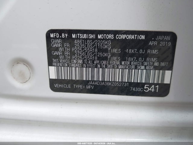 Продаж на аукціоні авто 2019 Mitsubishi Outlander Sel, vin: JA4AD3A36KZ052731, номер лоту: 44871528