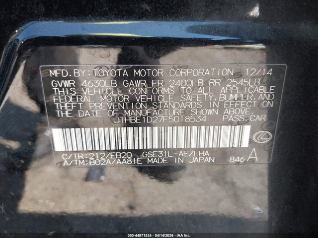 Продажа на аукционе авто 2015 Lexus Is 350, vin: JTHBE1D27F5018534, номер лота: 44871534