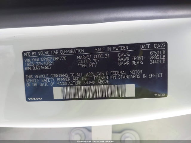 Продажа на аукционе авто 2023 Volvo Xc90 B5 Plus, vin: YV4L12PN6P1984778, номер лота: 44871543
