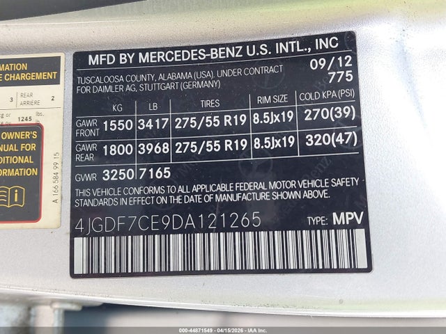 2013 Mercedes-benz Gl 450 4matic მანქანა იყიდება აუქციონზე, vin: 4JGDF7CE9DA121265, აუქციონის ნომერი: 44871549