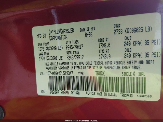 Продаж на аукціоні авто 2007 Dodge Ram 1500 St, vin: 1D7HA16K07J519347, номер лоту: 44871550