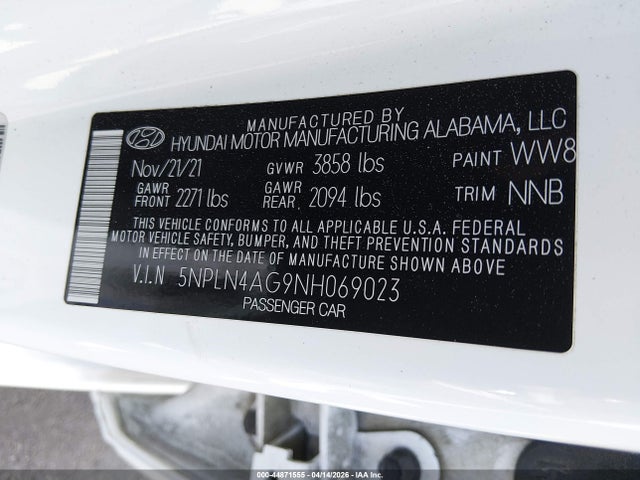 Aukcja sprzedaży 2022 Hyundai Elantra Sel, vin: 5NPLN4AG9NH069023, numer aukcji: 44871555