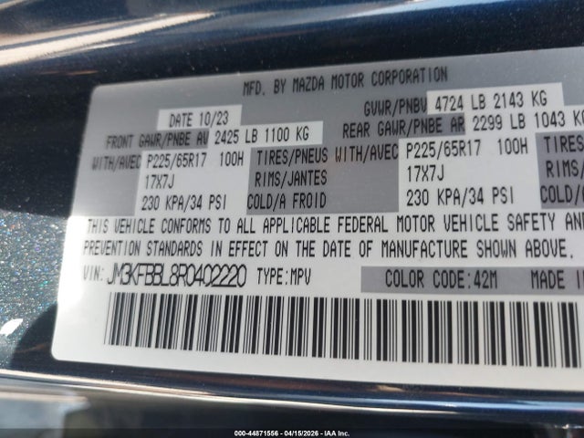 44871556 :رقم المزاد ، JM3KFBBL8R0402220 vin ، 2024 Mazda Cx-5 2.5 S Select مزاد بيع