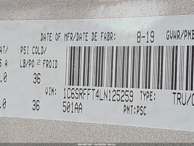 44871557 :رقم المزاد ، 1C6SRFFT4LN125259 vin ، 2020 Ram 1500 Big Horn مزاد بيع