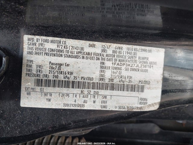 Продажа на аукционе авто 2018 Ford Focus Se, vin: 1FADP3K27JL236101, номер лота: 44871562