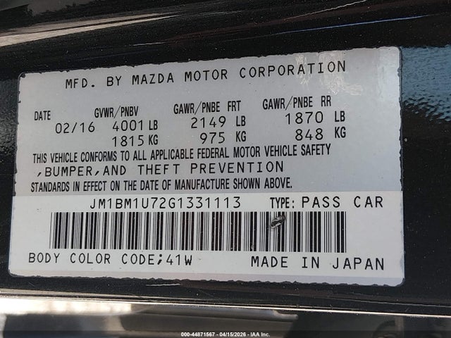 Aukcja sprzedaży 2016 Mazda Mazda3 I Sport, vin: JM1BM1U72G1331113, numer aukcji: 44871567