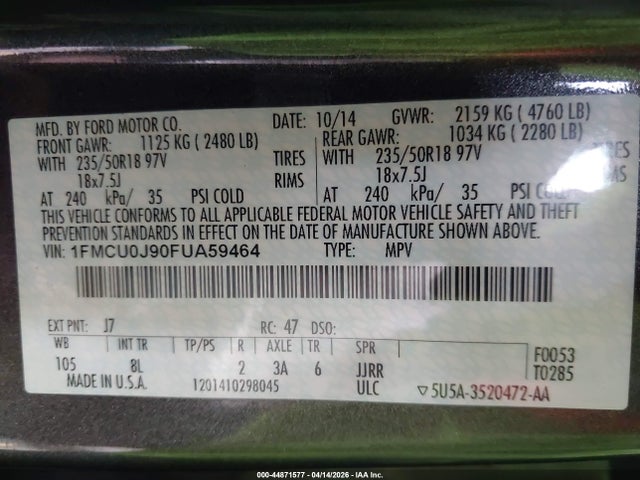 Продажа на аукционе авто 2015 Ford Escape Titanium, vin: 1FMCU0J90FUA59464, номер лота: 44871577