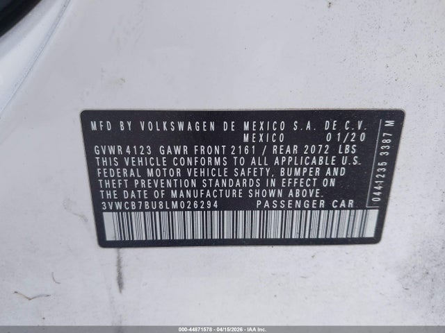 Aukcja sprzedaży 2020 Volkswagen Jetta 1.4t R-line/1.4t S/1.4t Se, vin: 3VWCB7BU8LM026294, numer aukcji: 44871578