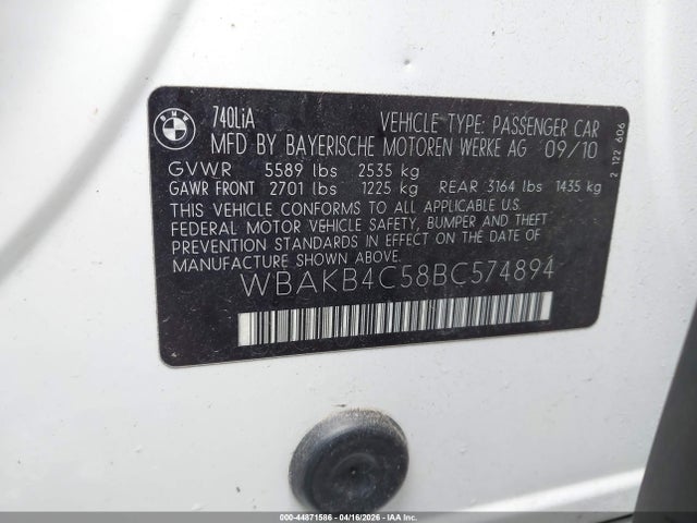 Продаж на аукціоні авто 2011 Bmw 740li, vin: WBAKB4C58BC574894, номер лоту: 44871586