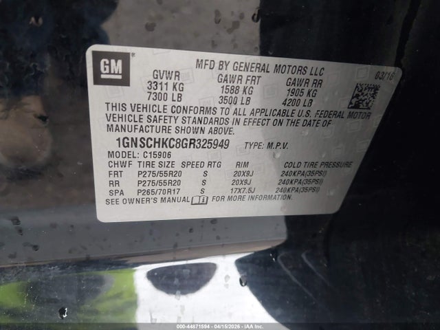 44871594 :رقم المزاد ، 1GNSCHKC8GR325949 vin ، 2016 Chevrolet Suburban Lt مزاد بيع
