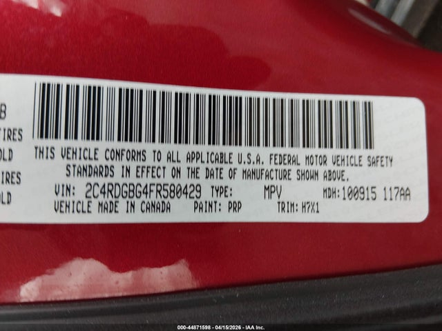 Продажа на аукционе авто 2015 Dodge Grand Caravan American Value Pkg, vin: 2C4RDGBG4FR580429, номер лота: 44871598