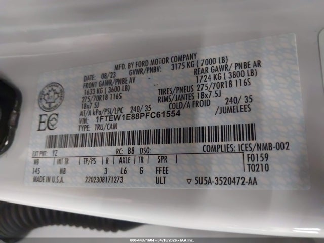 Aukcja sprzedaży 2023 Ford F-150 Tremor, vin: 1FTEW1E88PFC61554, numer aukcji: 44871604