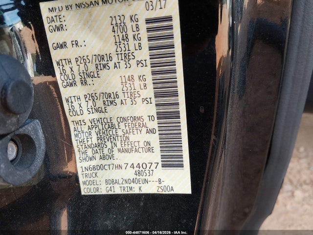 44871606 :رقم المزاد ، 1N6BD0CT7HN744077 vin ، 2017 Nissan Frontier Sv-i4 مزاد بيع