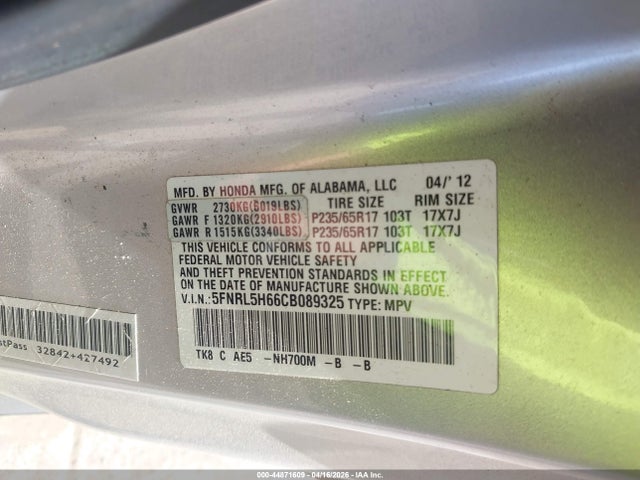 Продажа на аукционе авто 2012 Honda Odyssey Ex-l, vin: 5FNRL5H66CB089325, номер лота: 44871609