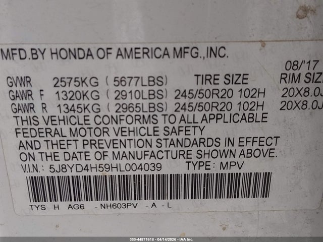 Aukcja sprzedaży 2017 Acura Mdx Technology Package, vin: 5J8YD4H59HL004039, numer aukcji: 44871618