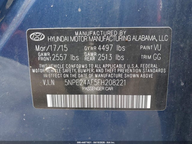 Aukcja sprzedaży 2015 Hyundai Sonata Se, vin: 5NPE24AF5FH208221, numer aukcji: 44871621