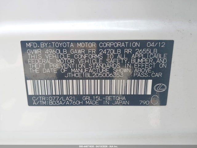 Aukcja sprzedaży 2013 Lexus Gs 350, vin: JTHCE1BL2D5006353, numer aukcji: 44871630