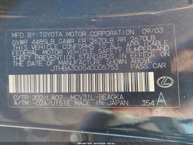 Aukcja sprzedaży 2004 Lexus Es 330, vin: JTHBA30G540005753, numer aukcji: 44871650