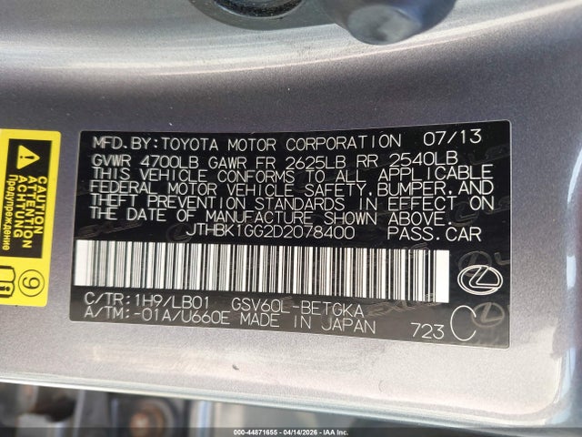 44871655 :رقم المزاد ، JTHBK1GG2D2078400 vin ، 2013 Lexus Es 350 مزاد بيع