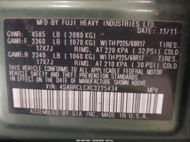 44871661 :رقم المزاد ، 4S4BRCLCXC3225434 vin ، 2012 Subaru Outback 2.5i Limited مزاد بيع