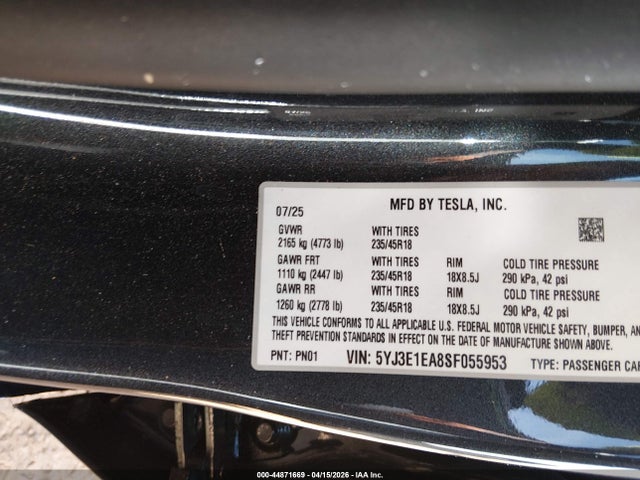 2025 Tesla Model 3 Long Range Rear-wheel Drive/standard Rear-wheel Drive მანქანა იყიდება აუქციონზე, vin: 5YJ3E1EA8SF055953, აუქციონის ნომერი: 44871669