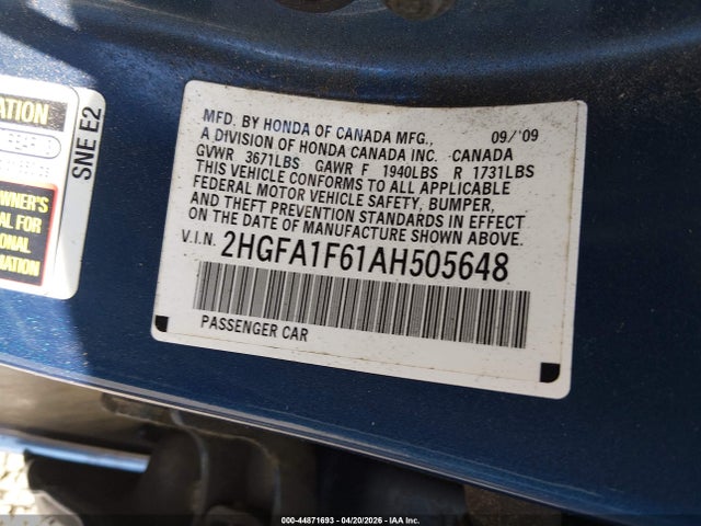 44871693 :رقم المزاد ، 2HGFA1F61AH505648 vin ، 2010 Honda Civic Lx-s مزاد بيع