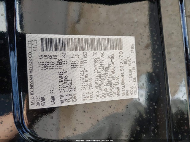 Продаж на аукціоні авто 2015 Infiniti Qx60, vin: 5N1AL0MN0FC512779, номер лоту: 44871696