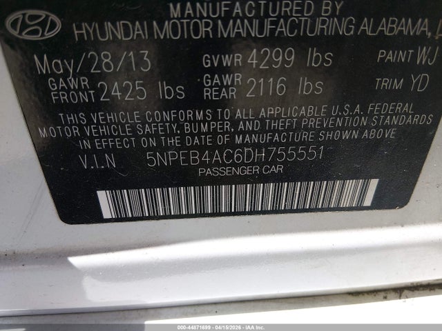Продажа на аукционе авто 2013 Hyundai Sonata Gls, vin: 5NPEB4AC6DH755551, номер лота: 44871699