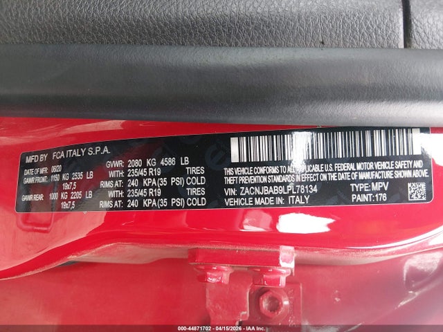 44871702 :رقم المزاد ، ZACNJBAB9LPL78134 vin ، 2020 Jeep Renegade Jeepster 4x4 مزاد بيع