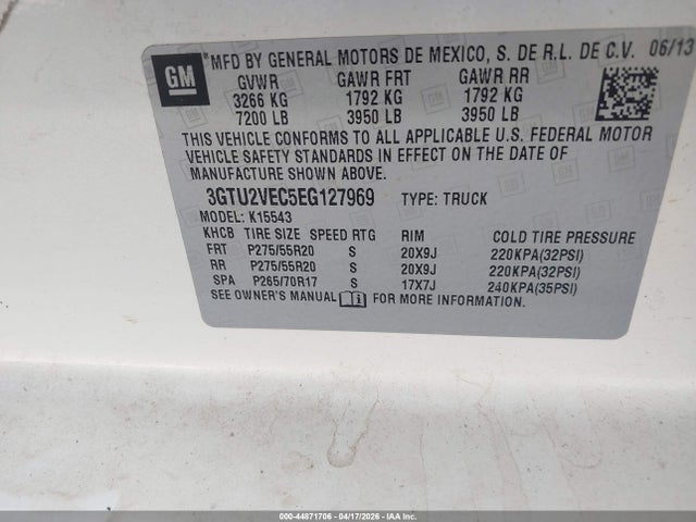 Aukcja sprzedaży 2014 Gmc Sierra 1500 Slt, vin: 3GTU2VEC5EG127969, numer aukcji: 44871706